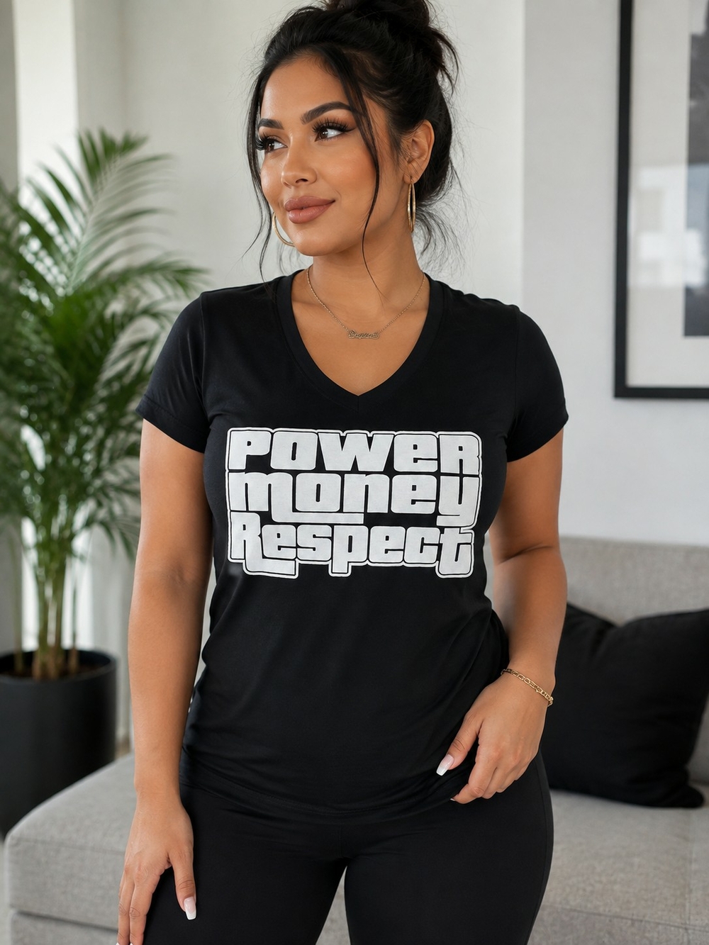Power Money Respect V-Neck Tee - Black
